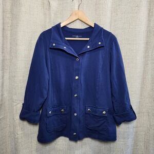 Karen Scott Sport Jacket Women's L Blue 3/4 Roll‎ Tabs Sleeve Snap Buttons